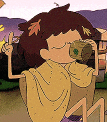 a cartoon character is drinking from a cup with a leaf on her head