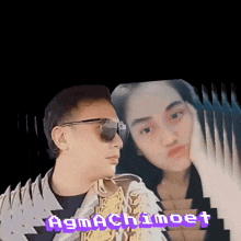 a man wearing sunglasses is standing next to a woman with the name agmachimoet on the bottom right