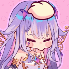 a drawing of a girl with long purple hair and a hand on her head