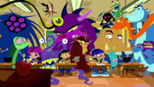 a group of cartoon characters are in a classroom with a teacher