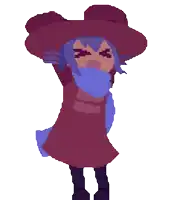 a pixel art drawing of a girl with blue hair and a hat