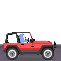 a cartoon penguin is driving a red jeep next to a blue welcome sign