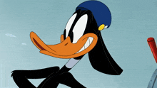 a cartoon duck wearing a blue hat and a red stick