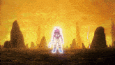 a cartoon character is standing in front of a sunset with a lightning bolt