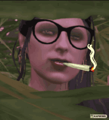 a woman with glasses is smoking a cigarette with a kapwing logo in the corner