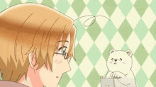 a cartoon of a man and a teddy bear looking at something