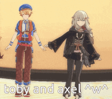 a boy and a girl holding hands with the words toby and axel written below them