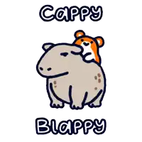 a cartoon drawing of a capybara with a hamster on its back and the words cappy blappy below it