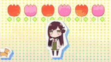 a group of anime characters are standing next to each other in front of a polka dot background .