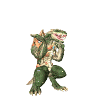 a creature with a green and brown body is standing on its hind legs