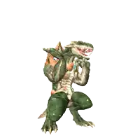 a creature with a green and brown body is standing on its hind legs
