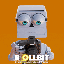 a robot holding a camera with the words rollbit on the bottom right