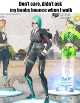 a woman with green hair is standing in front of a group of female characters in a video game .