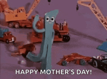 a cartoon character is standing in front of a bunch of toy cars and trucks and says `` happy mother 's day ! ''