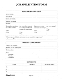 a job application form for a job in the united states