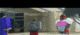 a man in a blue shirt is standing next to a man in a pink shirt