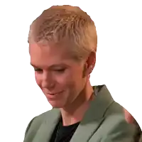 a woman with short blonde hair is wearing a green jacket and black shirt