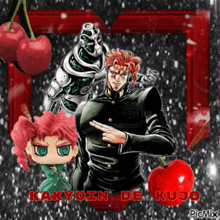 a picture of kakyoin de kujo from jojo 's bizarre adventure with two cherries in the background