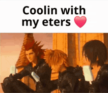 a group of anime characters holding ice cream cones with the words coolin with my eters written above them .