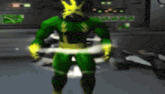 a man in a green and yellow superhero costume is standing in front of a control panel .