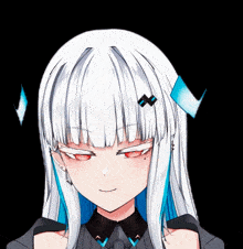 a girl with white hair and blue highlights looks angry