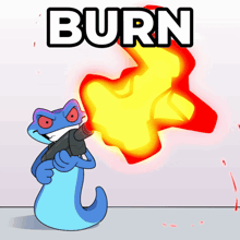 a cartoon of a lizard holding a gun with the word burn behind it