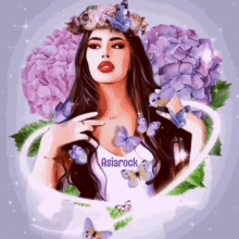 a drawing of a woman with purple flowers and butterflies and the name asiarock on the bottom