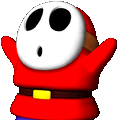 a red cartoon character with a white mask on his face and a surprised look on his face .