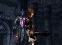 a woman with red hair stands in front of a demon with wings