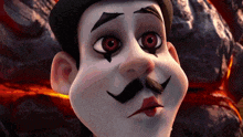 a close up of a cartoon character with red eyes