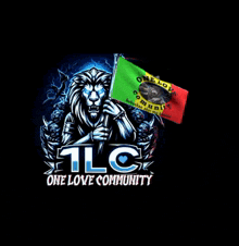 a lion holding a green and red flag with 1lc one love community written on the bottom