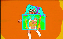 a colorful drawing of a girl with a blue frame around her head