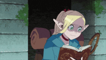 a cartoon elf is reading a book with a pentagram on the cover
