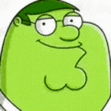 a close up of a green cartoon character with glasses and a hat .