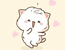 a cartoon drawing of a white cat with pink hearts surrounding it .