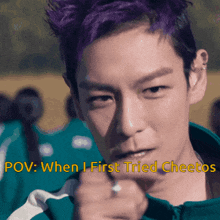 a man with purple hair has the words " pov when i first tried cheetos " written below him