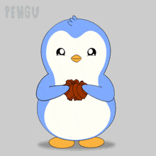 a penguin is holding hearts and the word pengu on its chest