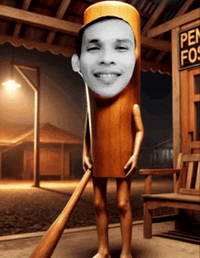 a man in a wooden cylinder holding a baseball bat in front of a sign that says penn fox