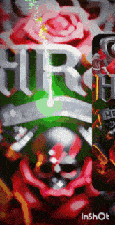 a phone screen shows a skull and roses and says inshot at the bottom