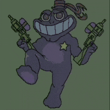a pixel art drawing of a frog with two guns