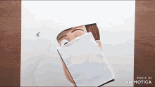 a drawing of a man covering his mouth with a piece of paper .