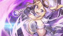 a girl with blonde hair and purple eyes is holding a wand