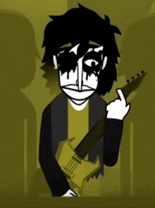 a cartoon drawing of a man holding a guitar and pointing