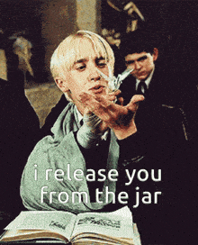 a picture of a boy with the words i release you from the jar on the bottom