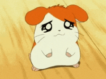 a hamster with a sad look on its face is sitting on a wooden surface .