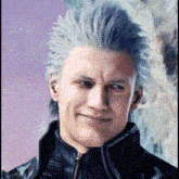 a close up of a man 's face with gray hair and a black jacket .