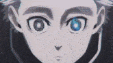 a close up of a person with blue eyes