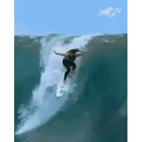 a surfer is riding a wave with a tv logo in the corner