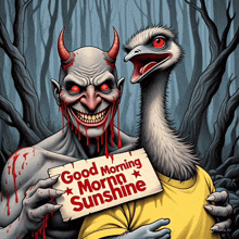 a drawing of a devil holding a sign that says good morning mornin sunshine