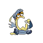 a pixel art of a cartoon character with a fork in its mouth .